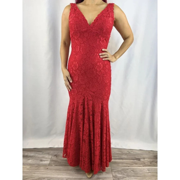 Jovani Red Floral Lace Double V-Neck Gown $550 - Picture 3 of 14
